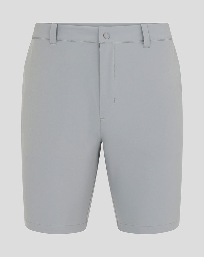 Light gray NZC golf shorts with belt loops and front zip fly