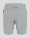 Back view of light gray NZC golf shorts with BlackCaps logo on the waistband