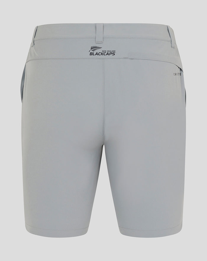 Back view of light gray NZC golf shorts with BlackCaps logo on the waistband
