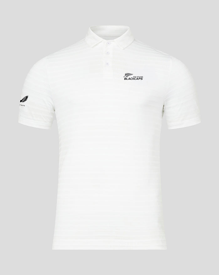 White NZC Pinnacle stripe golf polo with subtle stripes and BlackCaps logo on the left chest