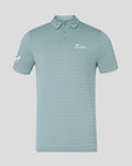 Front view of NZC Club Essential Golf Polo in light teal with subtle horizontal stripes and logo on chest