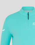 Close up of turquoise NZC Club Classic 1/4 zip top showing collar zip and chest logo