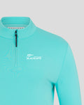 Turquoise NZC Club Classic 1/4 zip top front close up with New Zealand Blackcaps logo on the chest