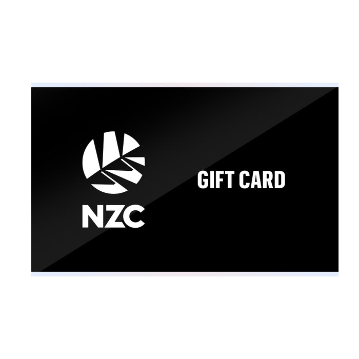 NZC gift card graphic with logo and the words gift card on a black diagonal background