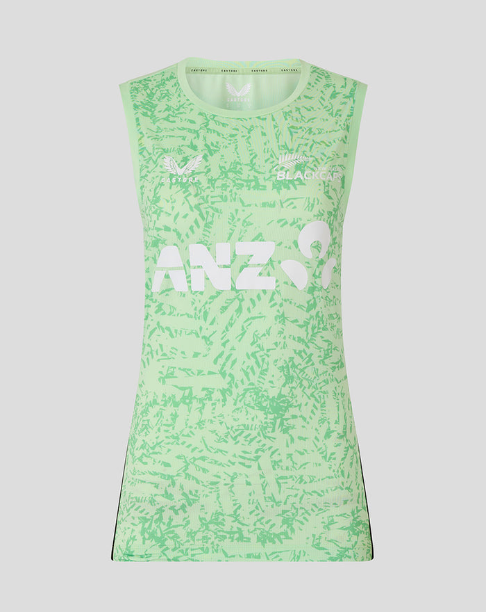 Bright neon green women's sleeveless training shirt with large ANZ logo and light camo pattern.