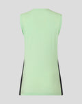 Back view of a mint green women's training sleeveless T shirt with black side panels