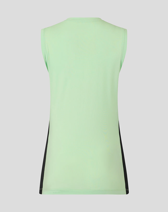 Back view of a mint green women's training sleeveless T shirt with black side panels