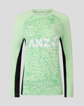 Mint green Womens training long sleeve t shirt with abstract pattern and large white ANZ logo across the front and black side panels.