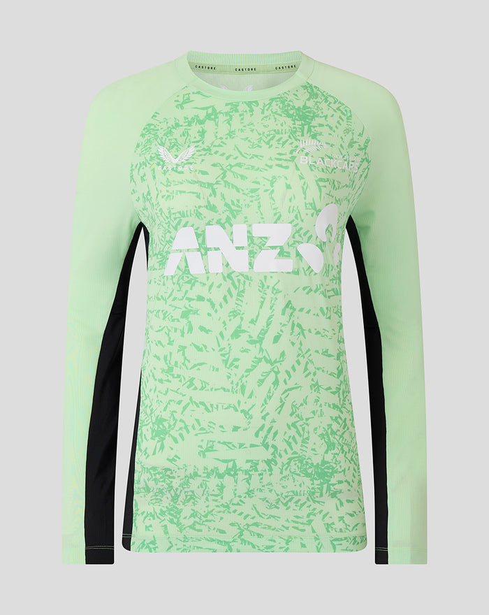 Mint green Womens training long sleeve t shirt with abstract pattern and large white ANZ logo across the front and black side panels.