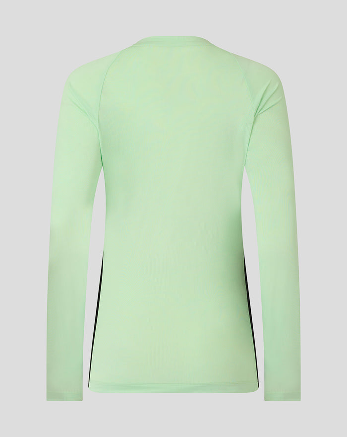 Back view of mint green women's training long sleeve T-shirt with a subtle ribbed texture.