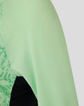 Close-up of mint green breathable knit fabric on the shoulder with fine perforations.