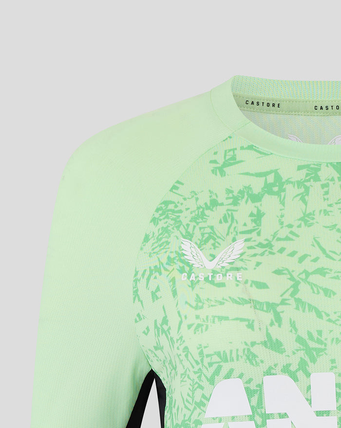 Close up of mint green training top with Blackcaps crest and Castore branding on the chest.