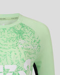 Shoulder and neckline detail of the mint green training long sleeve top with textured fabric and seam lines.