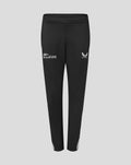 Front view of black women's training knit pants with white logos on the thighs