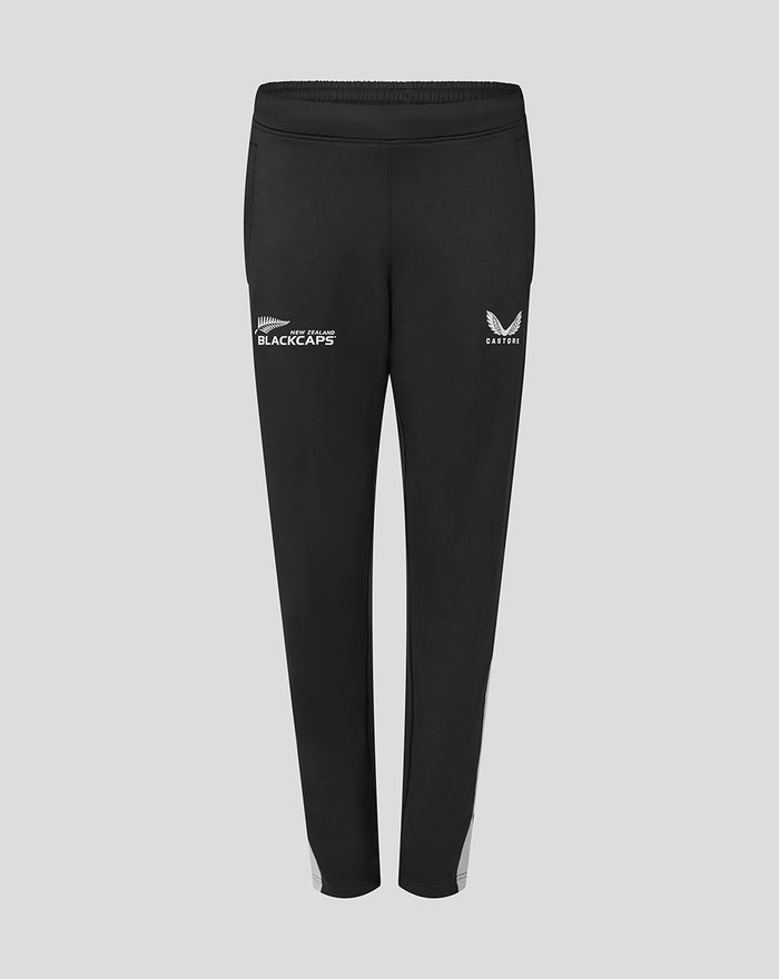 Front view of black women's training knit pants with white logos on the thighs