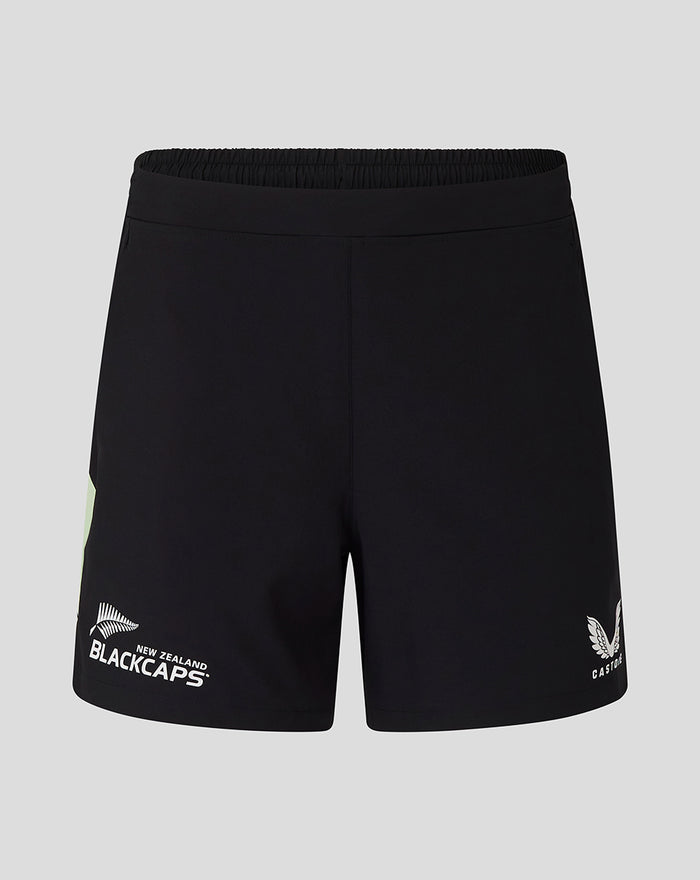 Back view of black women's training shorts with a lime green side panel and white logo near the hem