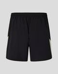 Back view of womens black training shorts with elastic waistband and pale green side stripe plus Blackcaps and Castore logos