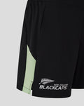 Womens black training shorts with pale green side panel and New Zealand Blackcaps logo near the hem