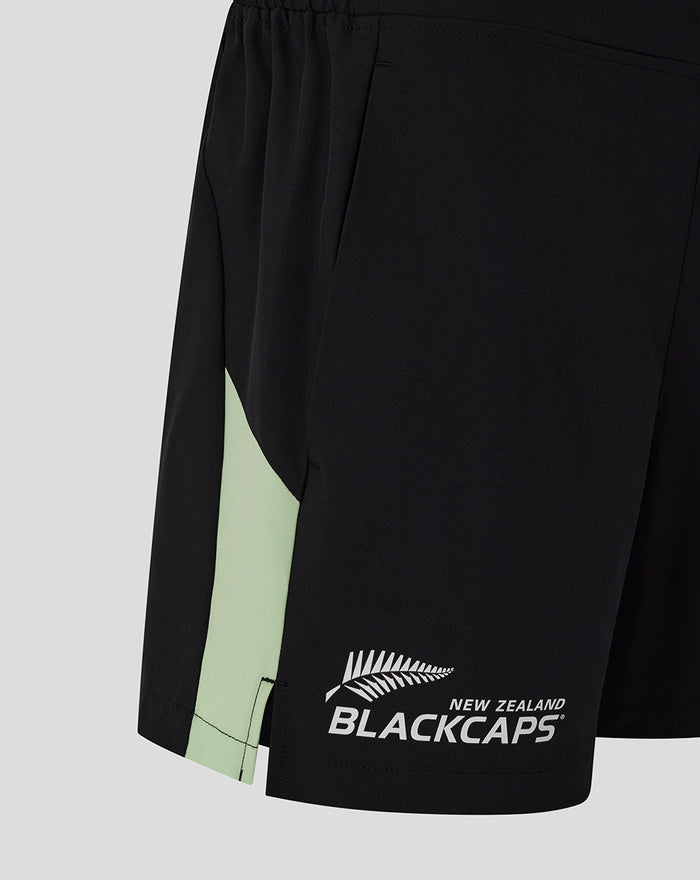 Womens black training shorts with pale green side panel and New Zealand Blackcaps logo near the hem