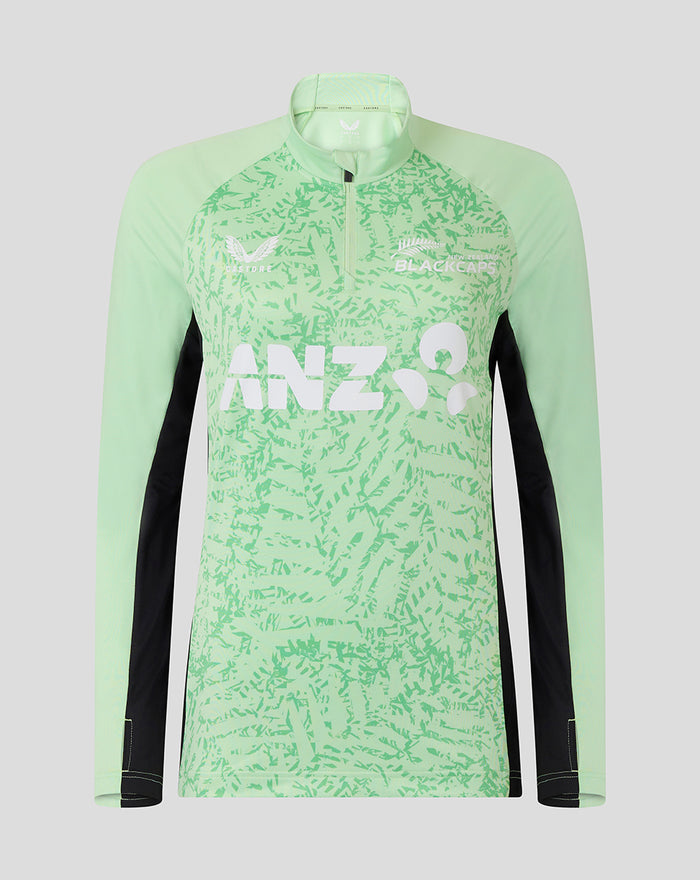 Front view of womens 25/26 training midlayer top in mint green with black sleeve panels