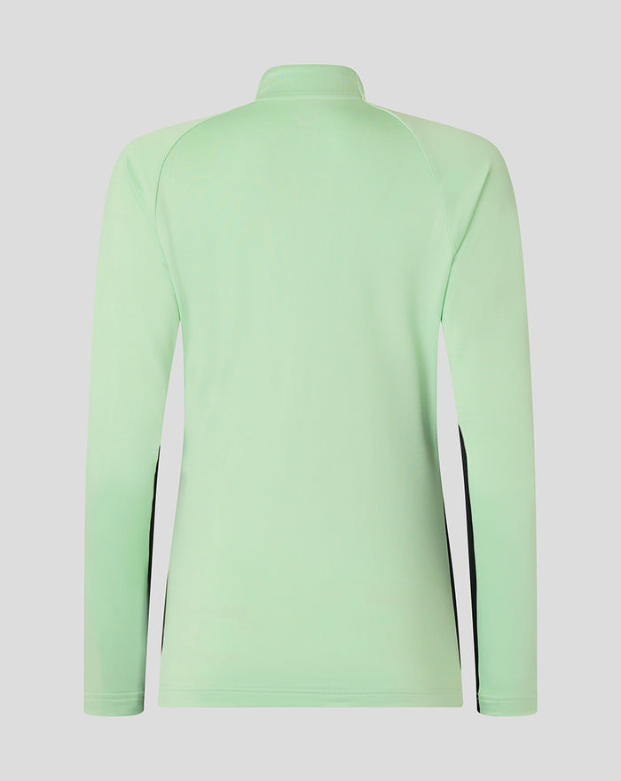 Back view of women's mint green training midlayer top with black side panels