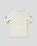 Back view of a white infant short sleeve shirt with a blue graphic on the left sleeve.