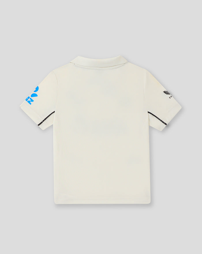 Back view of a white infant short sleeve shirt with a blue graphic on the left sleeve.