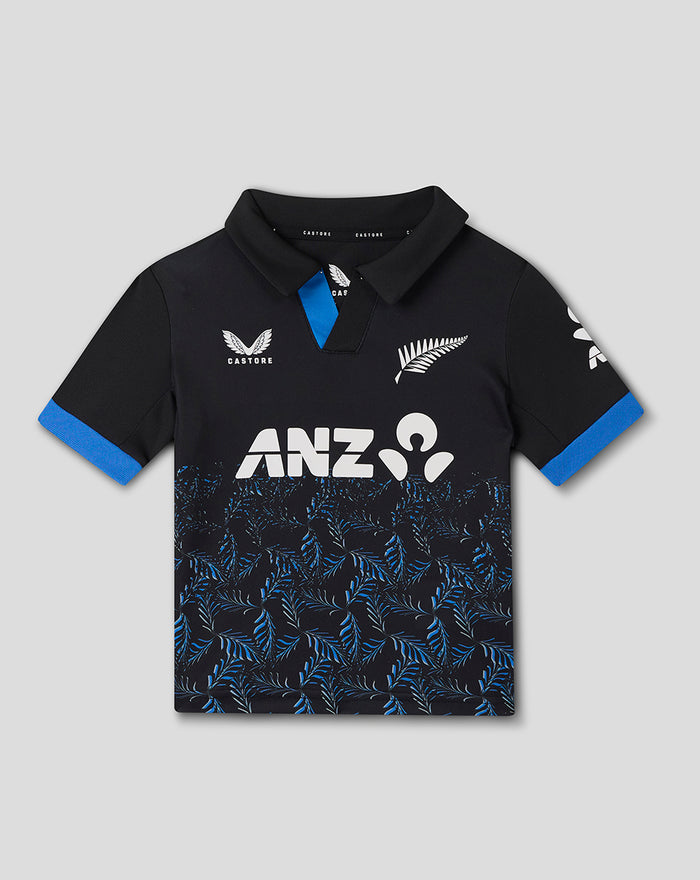Front view of Infant T20 25/26 Short Sleeve Shirt in navy with blue sleeve cuffs and large ANZ logo.