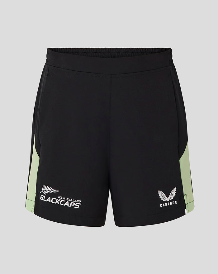 Junior 25/26 Nzc training shorts in black with lime side panels and Blackcaps and Castore logos