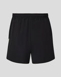 Back view of black training shorts with elastic waistband and mint green side panel.