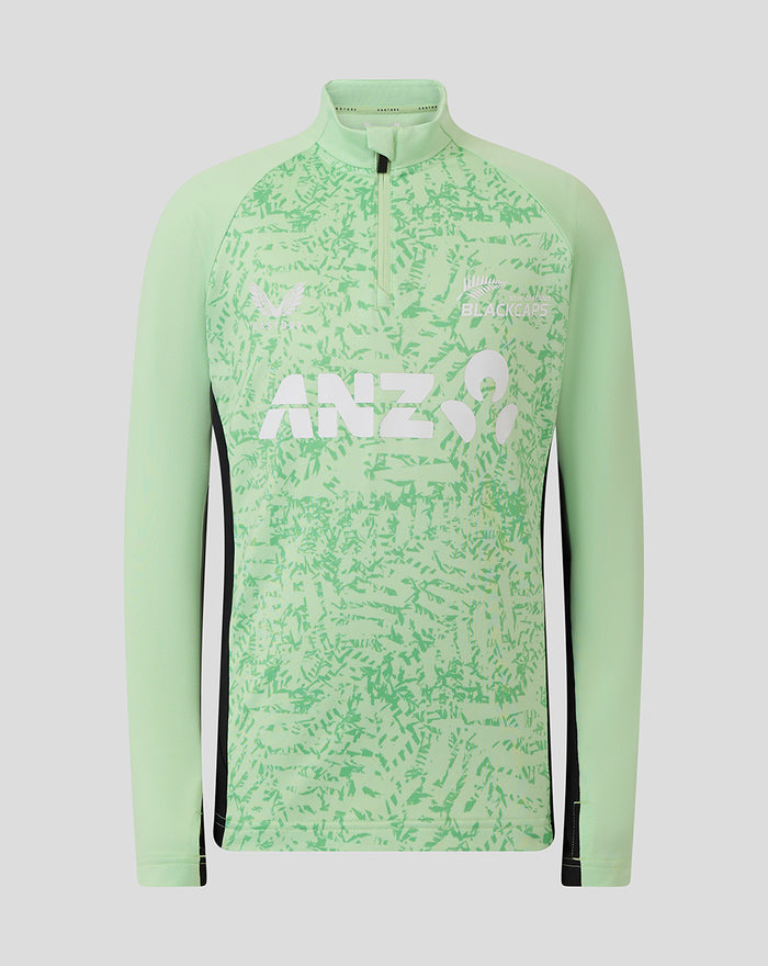 Front view of junior mint green training midlayer top with black side panels and bold chest graphic