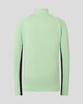 Back view of light mint green junior training midlayer top with black side panels along the sleeves