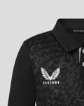 Close-up of a black Junior ODI 25/26 Short Sleeve Shirt with an abstract pattern and CASTORE logo on the collar.
