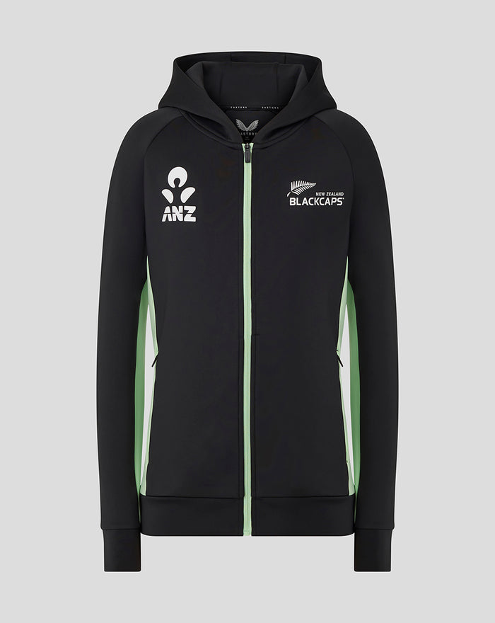 Junior black training full zip hoodie with mint green zipper and chest logos ANZ and BLACKCAPS