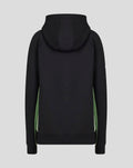 Back view of a black training hoodie with a hood and green side panels.