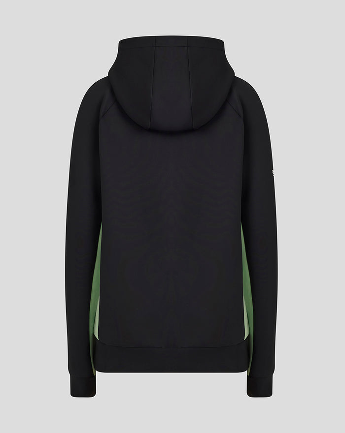 Back view of a black training hoodie with a hood and green side panels.