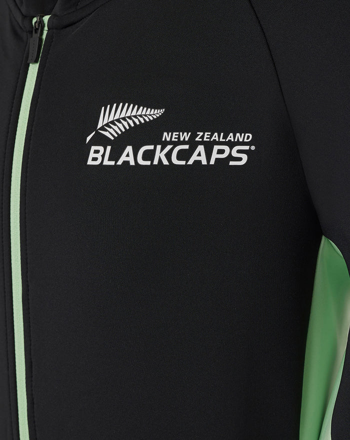 Close-up of black Junior training full zip hoodie with mint zipper trim and New Zealand BlackCaps logo on the chest.