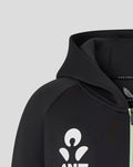 Close up of black Junior training hoodie with a large white ANZ logo on the chest.