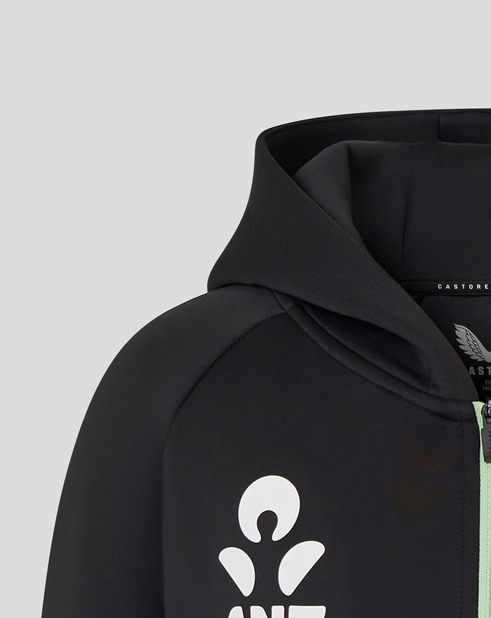 Close up of black Junior training hoodie with a large white ANZ logo on the chest.