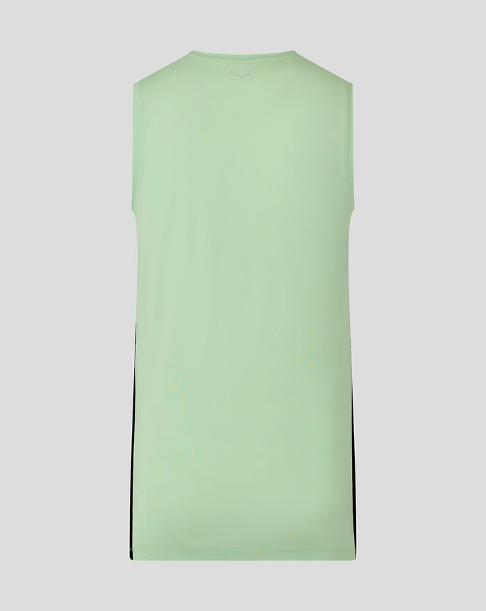 Back view of mint green sleeveless training shirt with black side panels.