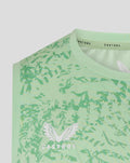 Close up of a mint green sleeveless training top showing patterned fabric and a crew neck.