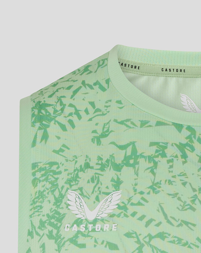 Close up of a mint green sleeveless training top showing patterned fabric and a crew neck.