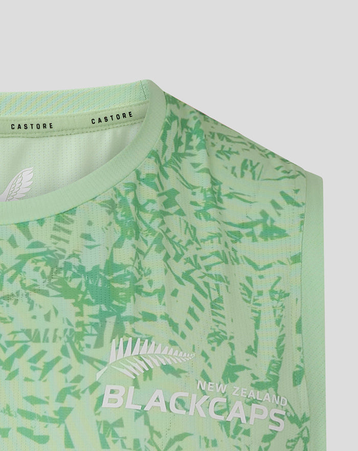 Mint green sleeveless training shirt close up showing Castore branding on the neck and white Blackcaps fern logo.