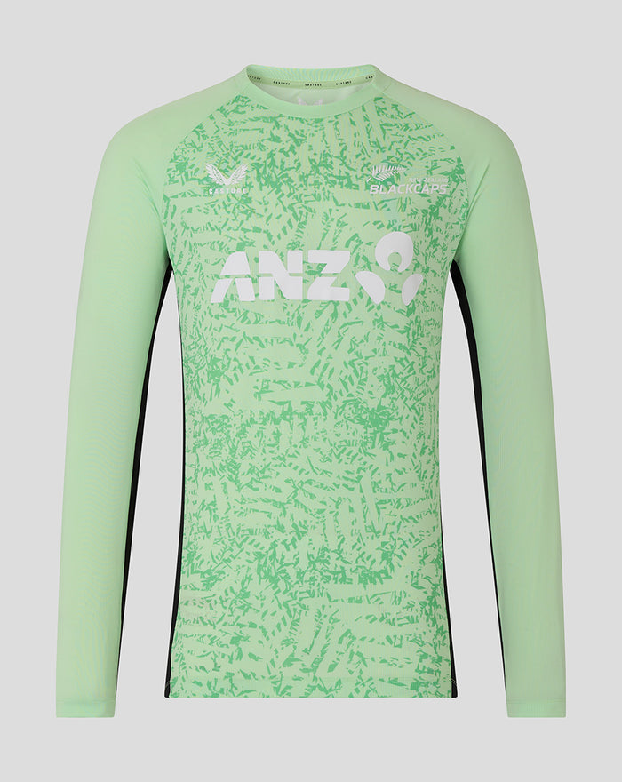 Front view of a mint green long sleeve training T shirt for men with an abstract pattern and a large white ANZ logo across the chest