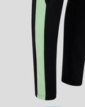 Close up of black training knit pants with a mint green side stripe