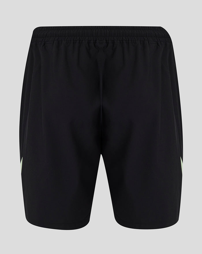 Back view of black men's training shorts with an elastic waistband