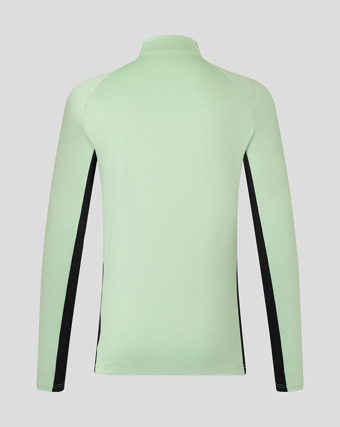Back view of a mint green men's training midlayer top with black side panels