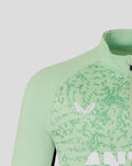 Close up of upper chest on mint green training midlayer showing a white wing logo and CASTORE branding