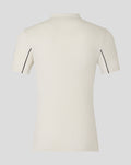 Back view of a cream short sleeve polo shirt with a neat collar.