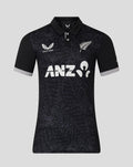 Front view of Womens ODI 25/26 Short Sleeve Shirt in black with a camo pattern and white sponsor and crest logos.
